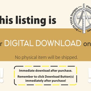 May include: A yellow and white digital download announcement with the text "This listing is for DIGITAL DOWNLOAD only!" and "No physical item will be shipped."  The announcement also includes a black and white illustration of a compass and ruler with the text "Archi TECH Designs *** Plans for Beautiful Homes ***".