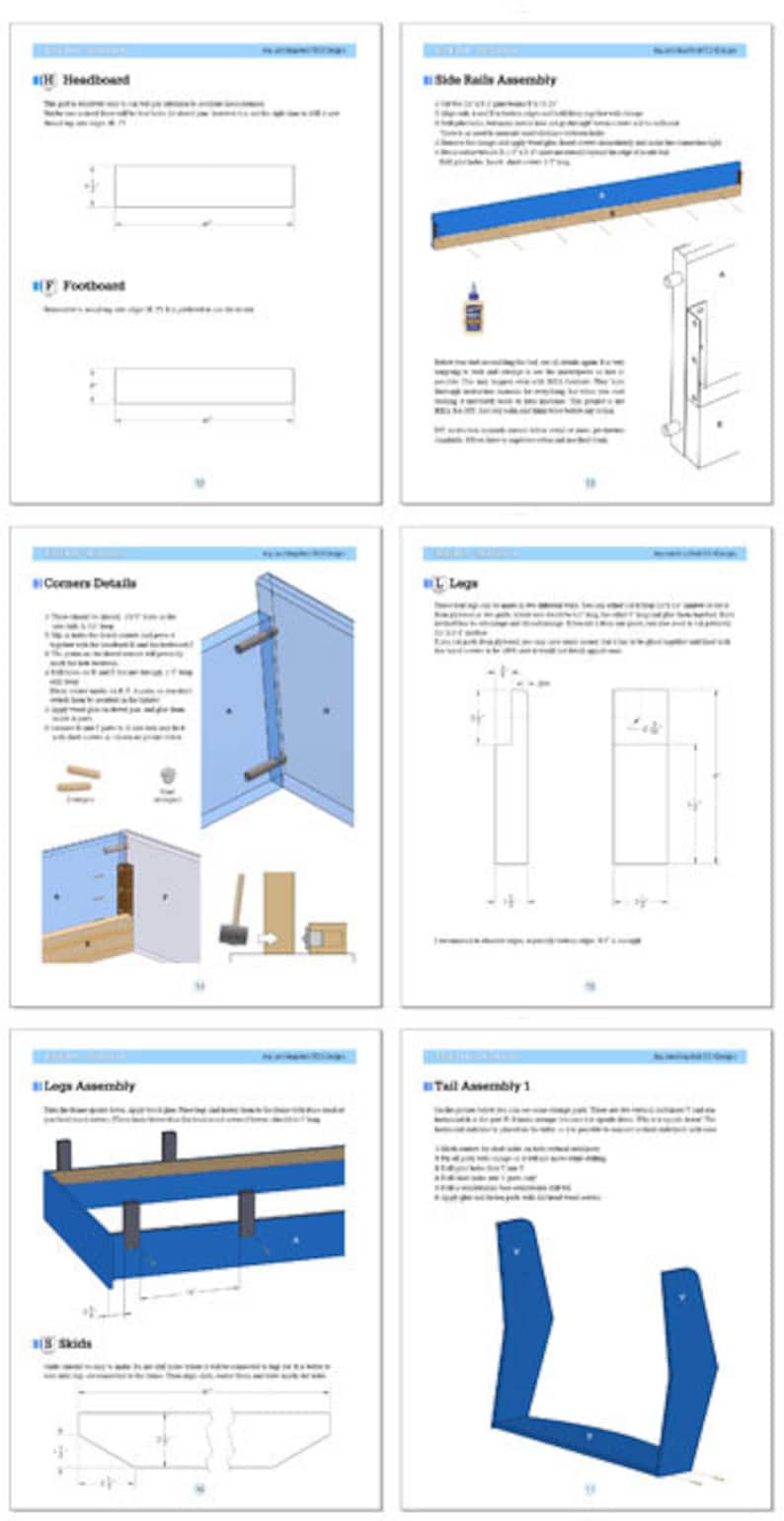 May include: A set of instructions for building a wooden headboard with detailed diagrams and measurements. The instructions include steps for assembling the headboard, side rails, legs, and other components.