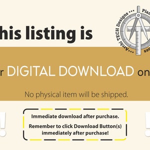 Pu&ograve; includere: Un annuncio di download digitale giallo e bianco con il testo "This listing is for DIGITAL DOWNLOAD only!" e "No physical item will be shipped." L'annuncio include anche un'illustrazione in bianco e nero di una bussola e un righello con il testo "Archi TECH Designs *** Plans for Beautiful Homes ***".