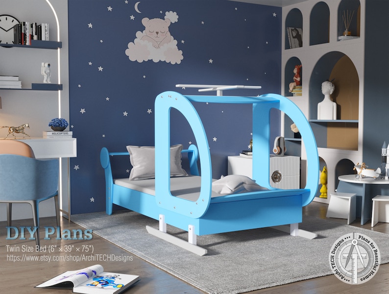 May include: DIY plans for a twin-sized helicopter bed, painted blue with a white frame. The bed is 6 inches tall, 39 inches wide, and 75 inches long. The bed is in a bedroom with a blue wall and a white ceiling.