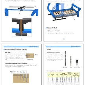 May include: A set of instructions for building a wooden bed frame. The instructions include diagrams and text describing the process of assembling the bed frame, including the rotor assembly, the bed slat, and finishing the bed. The instructions also include a section on recommended hardware and tools, including drill bits and screws.