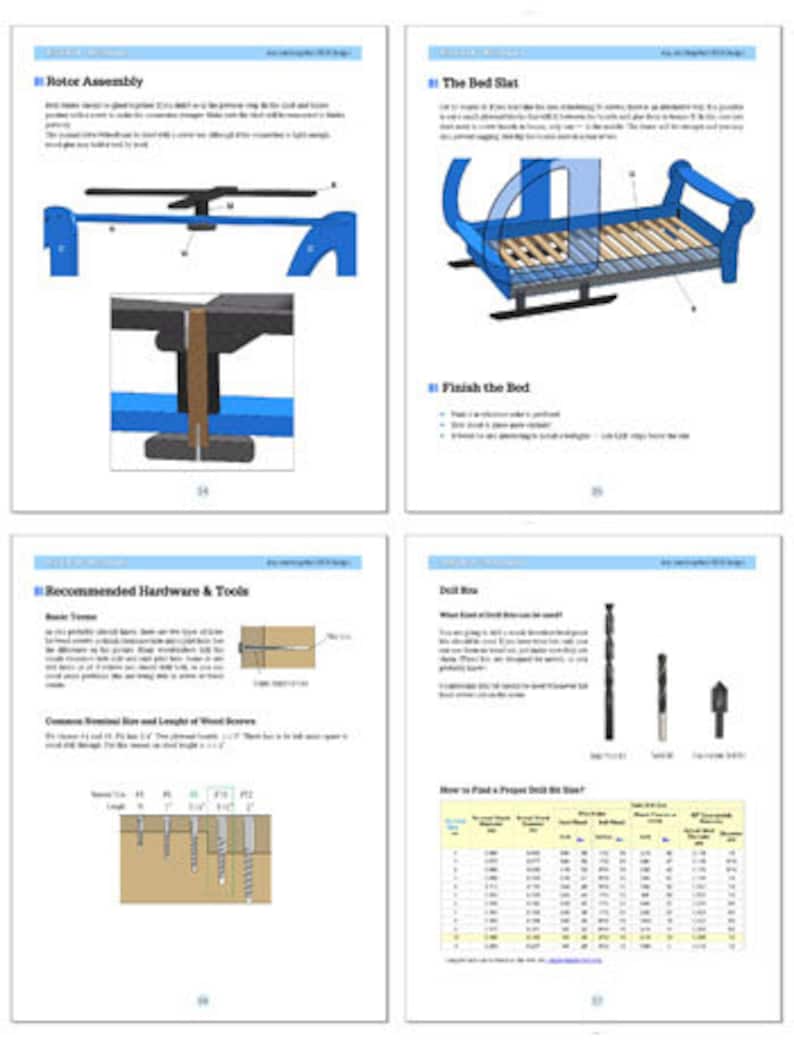 May include: A set of instructions for building a wooden bed frame. The instructions include diagrams and text describing the process of assembling the bed frame, including the rotor assembly, the bed slat, and finishing the bed. The instructions also include a section on recommended hardware and tools, including drill bits and screws.