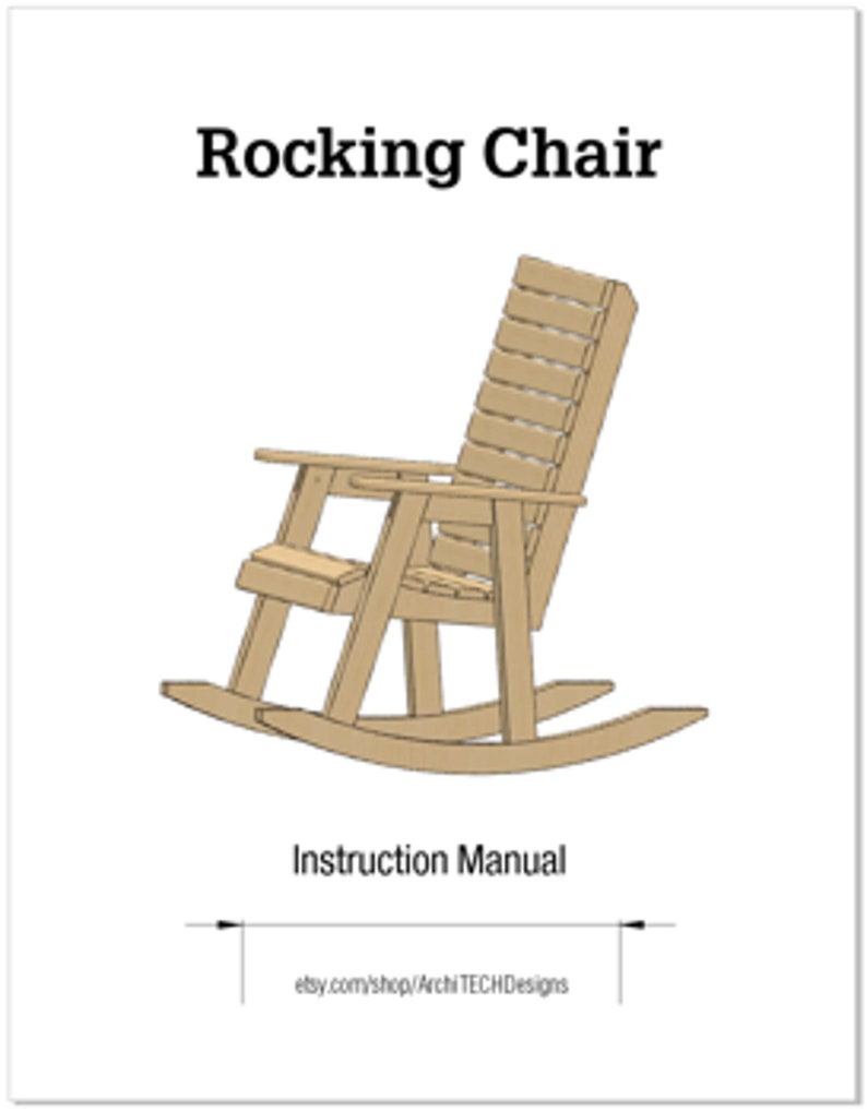 Pu&ograve; includere: Un'illustrazione digitale di una sedia a dondolo con una struttura in legno e schienale a doghe. La sedia &egrave; mostrata in un colore marrone chiaro. Il testo "Rocking Chair" e "Instruction Manual" &egrave; visibile nell'immagine. Il testo "etsy.com/shop/ArchiTECHDesigns" &egrave; anche visibile.