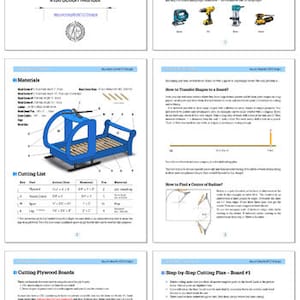 May include: Instruction manual for building a blue helicopter-shaped kids bed. The manual includes a materials list, cutting list, step-by-step instructions, and diagrams.