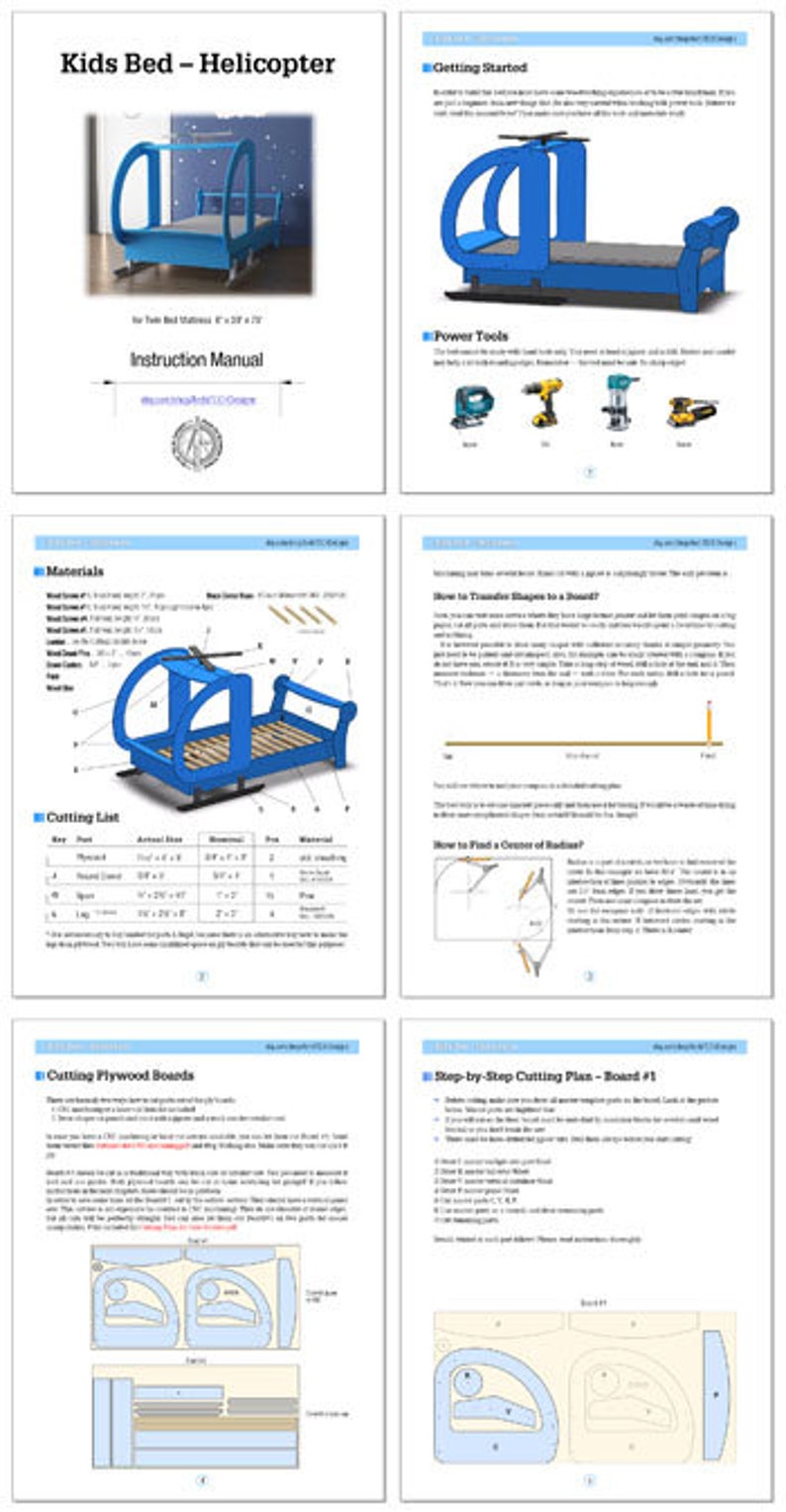 May include: Instruction manual for building a blue helicopter-shaped kids bed. The manual includes a materials list, cutting list, step-by-step instructions, and diagrams.