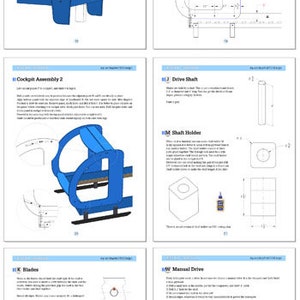 May include: A set of instructions for building a cardboard airplane model. The instructions include diagrams and text describing how to assemble the different parts of the plane, including the tail assembly, cockpit, drive shaft, shaft holder, blades, manual drive, and cabin roof.