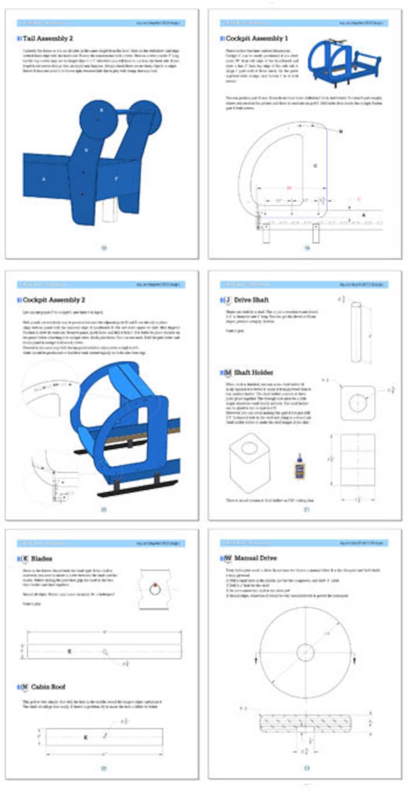 May include: A set of instructions for building a cardboard airplane model. The instructions include diagrams and text describing how to assemble the different parts of the plane, including the tail assembly, cockpit, drive shaft, shaft holder, blades, manual drive, and cabin roof.