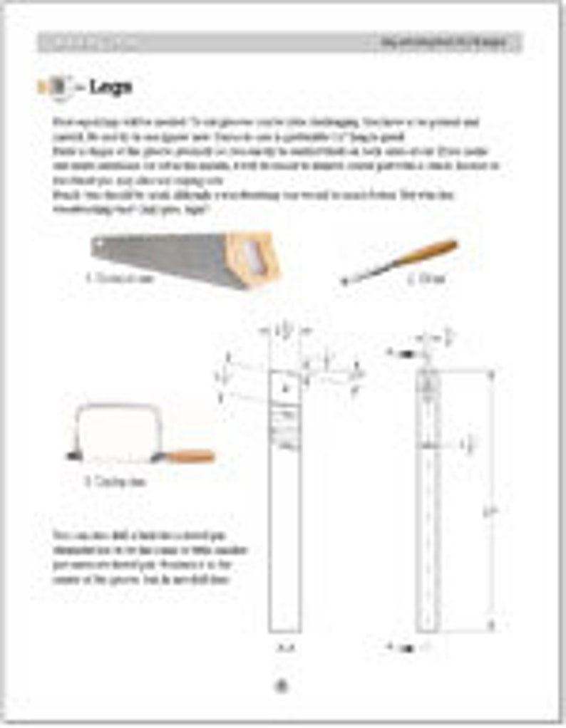 Pu&ograve; includere: Diagramma che mostra come realizzare gambe in legno per un mobile. Il diagramma mostra le misure delle gambe, che sono larghe 3,8 cm e spesse 1,3 cm. Il diagramma mostra anche gli strumenti necessari per realizzare le gambe, che includono una sega, uno scalpello e una sega a gattuccio.