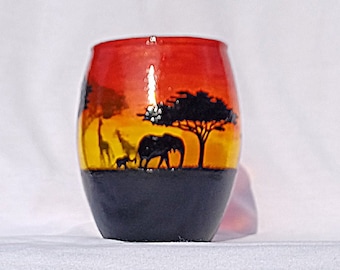 Hand Painted Glass Candle Holder. African Savannah Sunset Scene with Elephants & Giraffes.