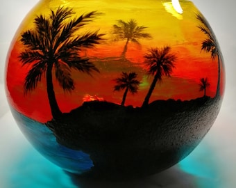 Tropical Island Sunset - Hand Painted Decorative Glass Tealight Candle Holders and Light Bowls