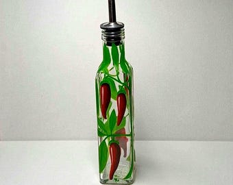 Hand Painted Glass Chilli Oil Bottle with Stainless Steel Dispenser – Decorative Kitchen Item