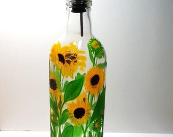 Hand Painted Glass Sunflower Oil Bottle,  Decorative Kitchen Dispenser