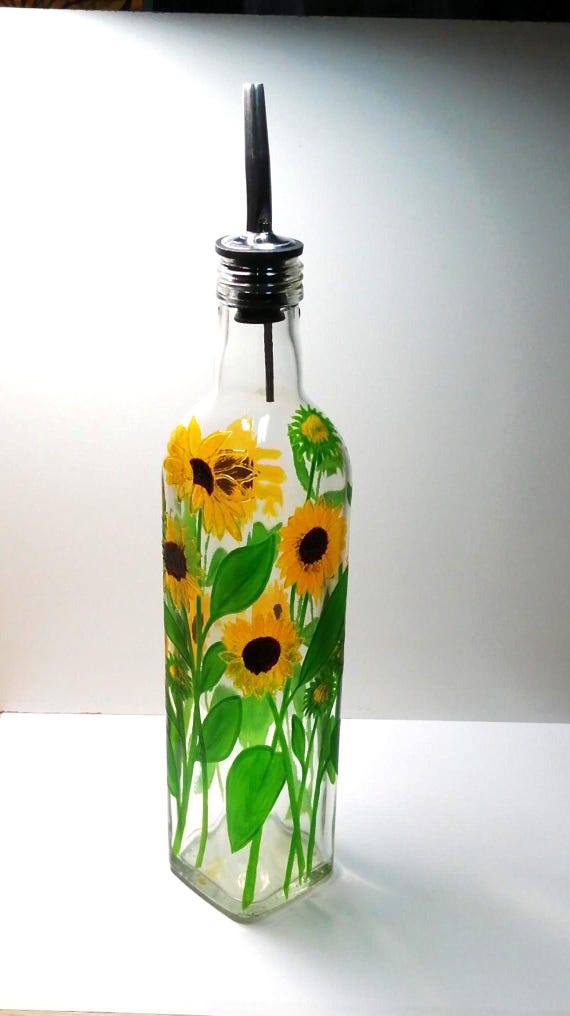 Hand Painted Glass Sunflower Oil Bottle,  Decorative Kitchen Dispenser