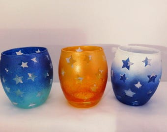 Hand Painted Glass Candle Holder. Star Hurricane Votive