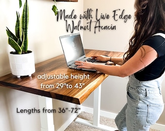 Adjustable Height Standing Desk | Live Edge Desk Modern Contemporary Desk | Wood Desk Table | Walnut | Rustic Desk | Home Office