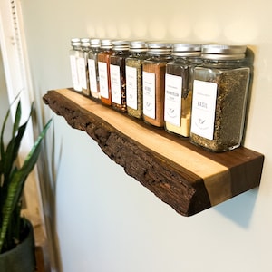 Spice Shelf Rustic Live Edge Wood Low Profile | Spice Rack | Reclaimed Wood Kitchen Decor | Spice Organizer |