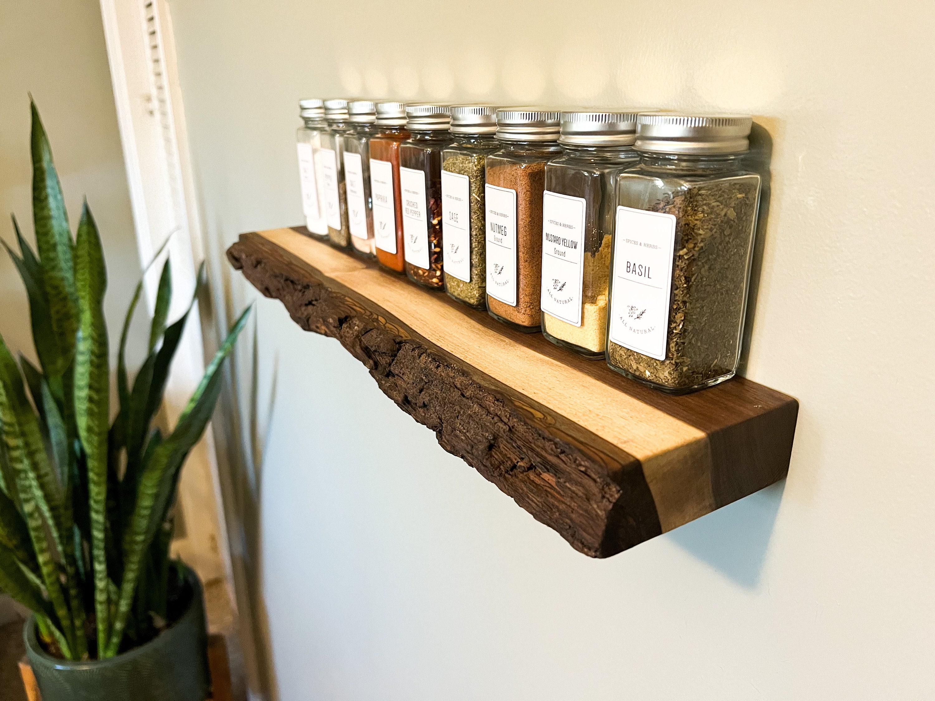 Spice Shelf Rustic Live Edge Wood Low Profile | Spice Rack