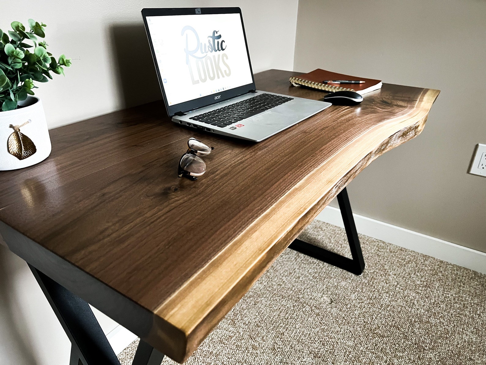 Live Edge Desk Walnut Computer Desk Metal Legs Slab Desk Etsy