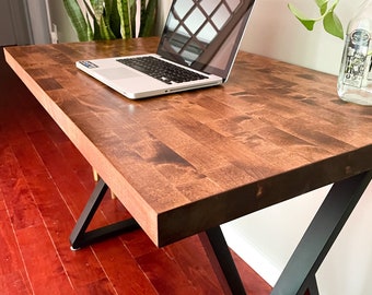 Wood Desk Heavy Duty Table | Walnut Brandy Color | Farmhouse Coffee Table | Modern Contemporary | Wood Desk Table