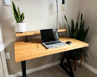 Wood Desk Heavy Duty Table with monitor riser | Reclaimed Wood | Farmhouse Coffee Table | Modern Contemporary | Wood Desk Table