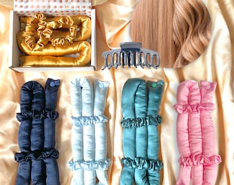 Heatless Curls Silky Hair Curling Ribbon with 2 Matching Satin Scrunchies and a Hair Claw Harmless Curler