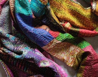 Silk Kantha Scarves | Handmade Reversible Vintage Indian Wrap| Set of 2+