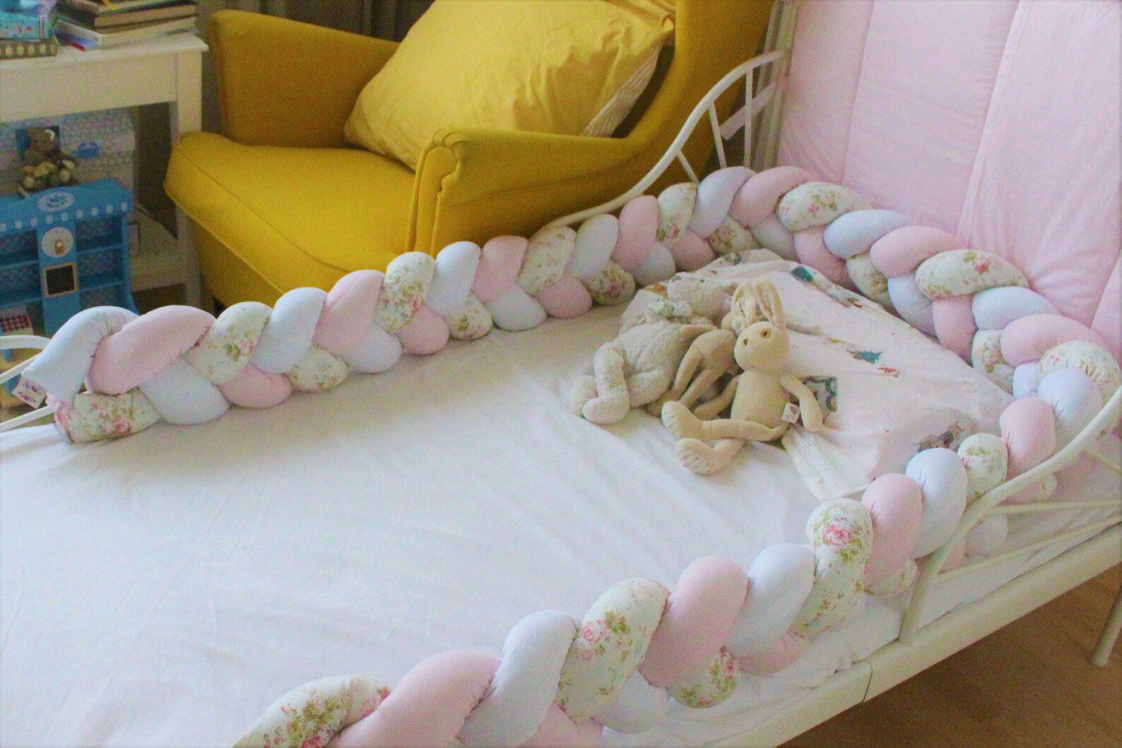 Floral White Pink Braided Crib Bumper Toddler Bed Bumper Etsy