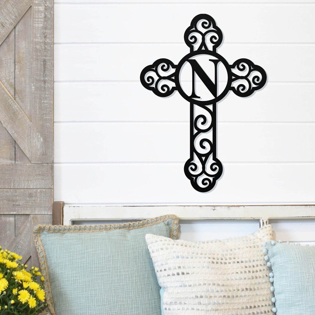 Cross Monogram Sign Metal Porch Sign Front Door Sign Personalized Entrance Sign Metal Spring