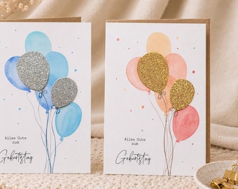 Personalized greeting card with watercolor balloons and two glitter paper balloons. A unique and special birthday card.