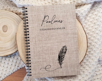 May include: A spiral-bound notebook with a light brown, textured fabric cover. The cover features the black printed text 'Paulines GEDANKENSAMMLER' and a black illustration of a single feather with a swirling line extending from its tip.