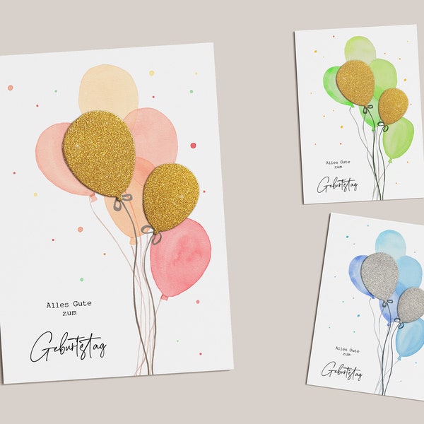 Glückwunschkarte personalisierbar mit Aquarell Luftballons (2 Ballons aus Glitzerpapier) die besondere Geburtstags-Karte als Klappkarte