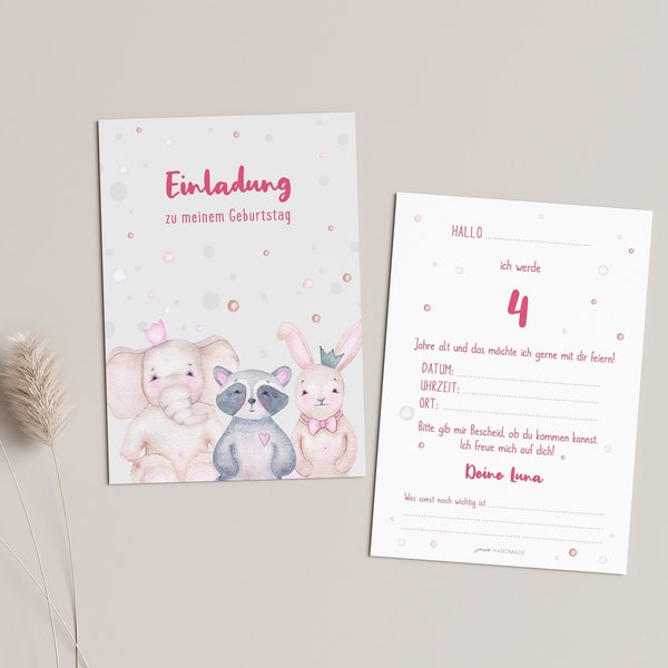 Einladungskarten zum Kindergeburtstag oder Baby-Party, personalisiert mit Name und Alter, Farben: Blau oder Rosa, mit Tiermotiven