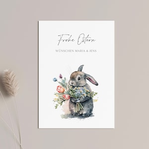 Osterkarte "Hase mit Blumenstrauß" - personalisiert mit Namen