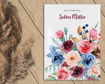 Personalisierte Mutterpass-Hülle, Aquarell Blumen, 3-teilig mit extra Fach für Ultraschallfotos, auch als Geschenk für Schwangere