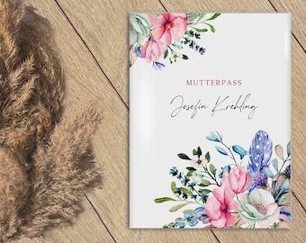 Personalisierte Mutterpass-Hülle, Aquarell Blumen, 3-teilig mit extra Fach für Ultraschallfotos, auch als Geschenk für Schwangere