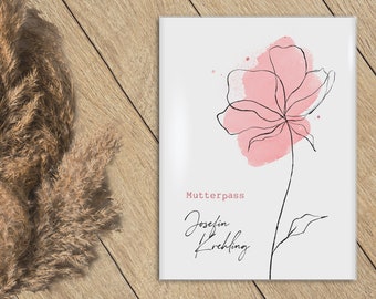 Personalisierte Mutterpass-Hülle, Aquarell Blumen, 3-teilig mit extra Fach für Ultraschallfotos, auch als Geschenk für Schwangere