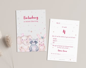 Invitation cards for a children's birthday party or baby shower, personalized with name and age, colors: blue or pink, with animal motifs