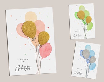 Glückwunschkarte personalisierbar mit Aquarell Luftballons (2 Ballons aus Glitzerpapier) die besondere Geburtstags-Karte als Klappkarte