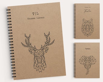 Personalisiertes Notizbuch A5 mit Ringbindung, Notizblock-Cover aus Kraftpapier mit Geometrischen Tieren, Innenseiten Punktraster