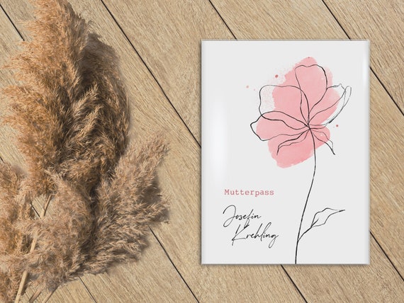 Personalized maternity record cover with subtle watercolor flowers in rose, 3-part with compartment for ultrasound photos, gift for pregnant women