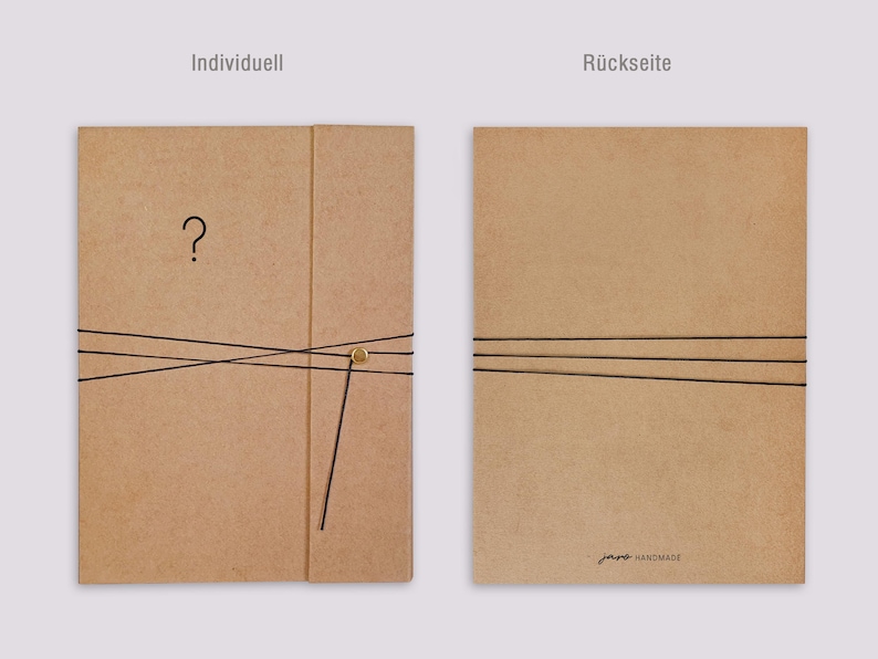 May include: Two views of a light brown rectangular folder made of thick paper. The left view shows a front cover with a question mark and a black elastic band secured by a gold button. The right view shows the back cover with a black elastic band.