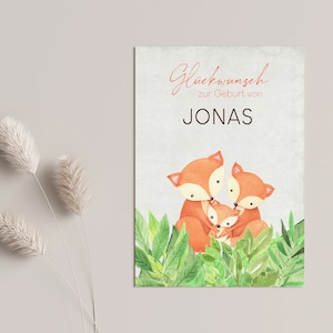 Carte de naissance pour bébé avec motif aquarelle "Famille Fox" - personnalisée avec nom fille et garçon