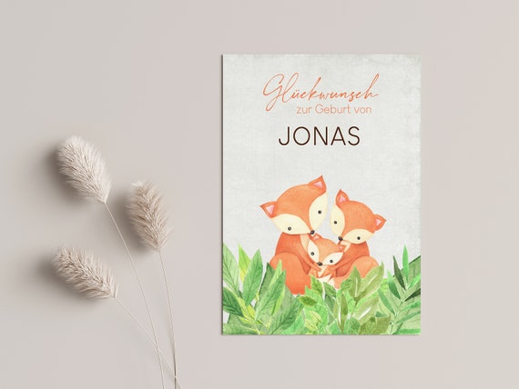 Baby card for birth watercolor motif cute fox family - personalized with name girl & boy