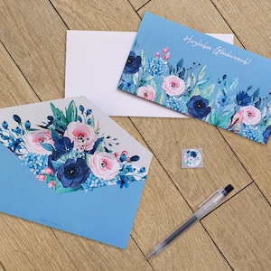 Double-Fold Geburtstagskarte mit Blumenstrauß-Überraschung, eine besondere Design-Glückwunschkarte mit Aquarell Blumen in Blautönen