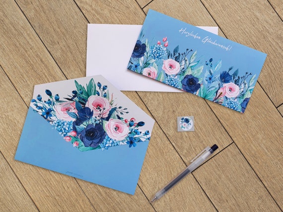 Double-fold birthday card with bouquet surprise, a special design greeting card with watercolor flowers in shades of blue