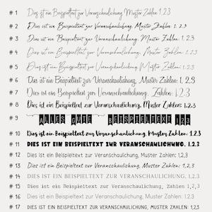 May include: A font selection chart titled AUSWAHL AN SCHRIFTARTEN featuring eighteen numbered rows of black text on a light gray background. Each row displays a unique typeface style, including script, serif, sans-serif, and banner-style fonts.