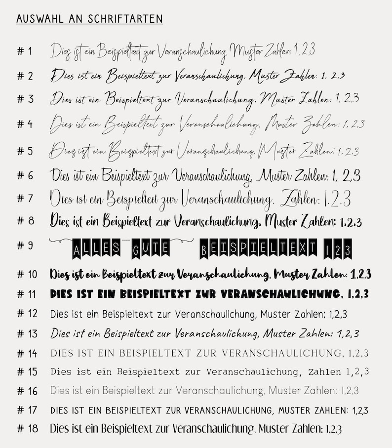 May include: A font selection chart titled AUSWAHL AN SCHRIFTARTEN featuring eighteen numbered rows of black text on a light gray background. Each row displays a unique typeface style, including script, serif, sans-serif, and banner-style fonts.