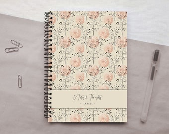 Carnet personnalisé avec reliure à anneaux, couverture rose à motif floral | Grille de points - Lignée ou vierge