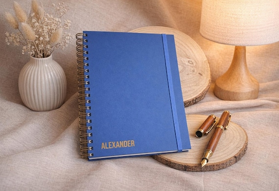 Personalized notebook with elastic band • handmade • ring binding • stylish journal with name - special gifts for her & him