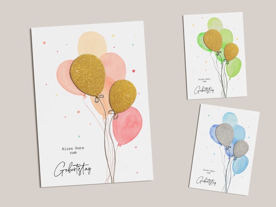 Personalized greeting card with watercolor balloons (2 balloons made of glitter paper) an individual and special birthday card